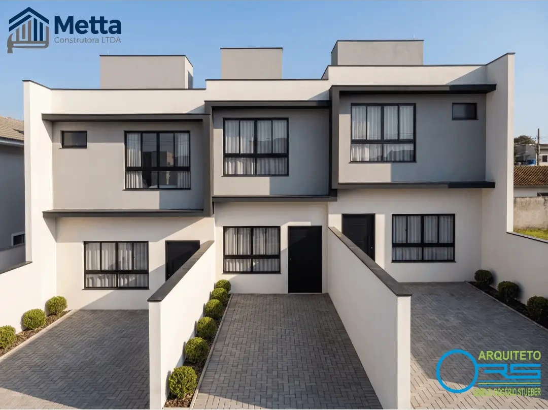 Perspectiva arquitetônica dos geminados da Metta, com fachadas contemporâneas em branco e cinza